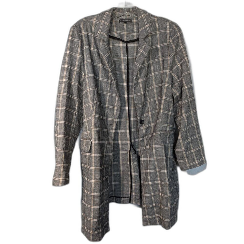 Adrianna Papell Gray Plaid Longline Blazer Jacket Academia Trench Duster Coat